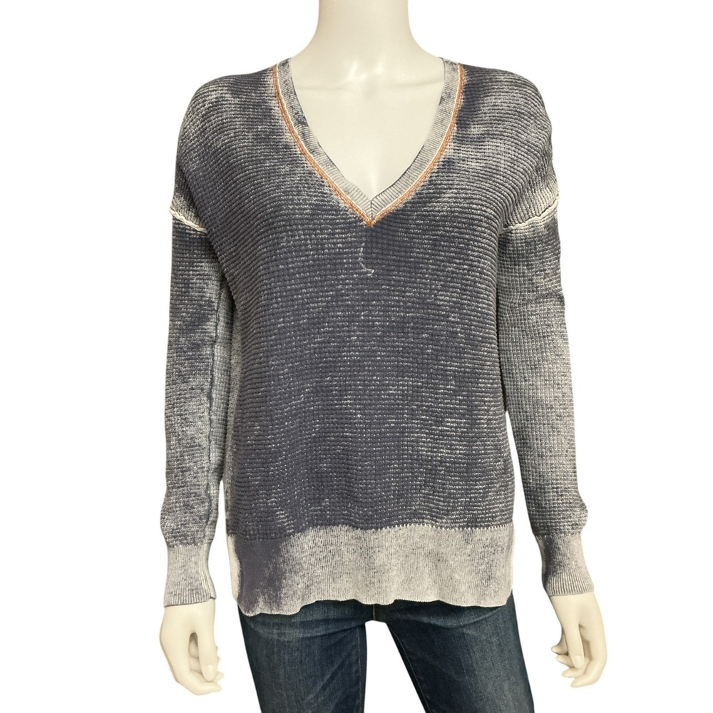 Sundance Acid Wash Waffle Knit V-Neck Thermal Tee Size S Grey BOHO Oversized